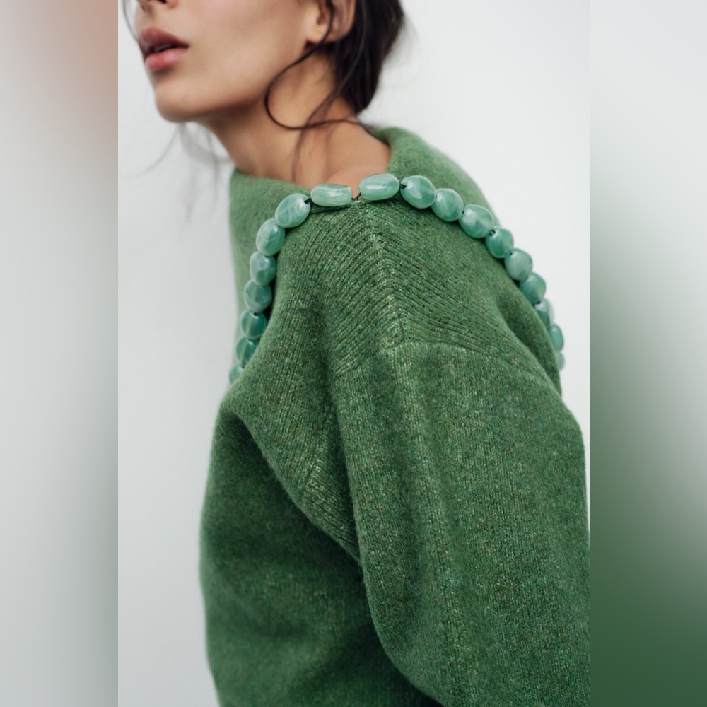 NWT ZARA GREEN BOBBLE BEADED KNIT SWEATER - Picture 3 of 3
